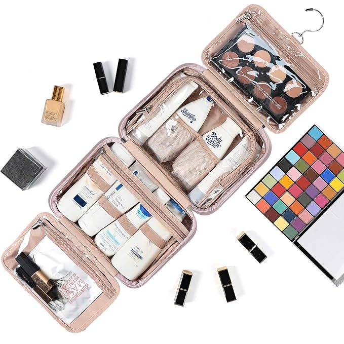 NISHEL Travel Toiletry Bag for Women, Makeup Essentials Organizer, Hanging Case for Accessories, Cosmetics, Medium Size, Peach-Pink