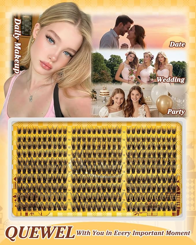 QUEWEL Lash-Clusters Kit 300PCS C Curl Wispy-Eyelash Clusters Lashes-Natural Look Cluster Lashes Extensions Kit with Lash Bond and Seal and Tweezers Natural Eyelash Clusters Use at Home (JS01-KIT)
