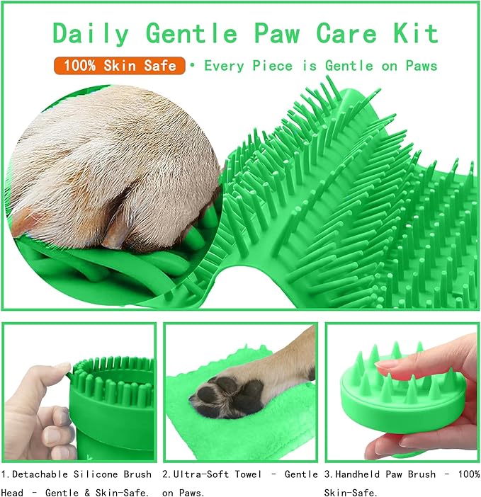Dog Paw Cleaner Kit for L/XL Dogs - Quick Clean No Full Bath, 2-in-1 Paw Wash Cup with Detachable Silicone Brush Head, Includes Bath Brush & 3 Absorbent Towels, Green
