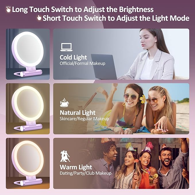 B Beauty Planet Magnifying Mirror with Light 30X, Double-Sided 1X/30X Magnifying Makeup Mirror with Tweezer, 2000mAh 3 Colour Modes with Adjustable Brightness,Foldable Travel Mirror(Purple)