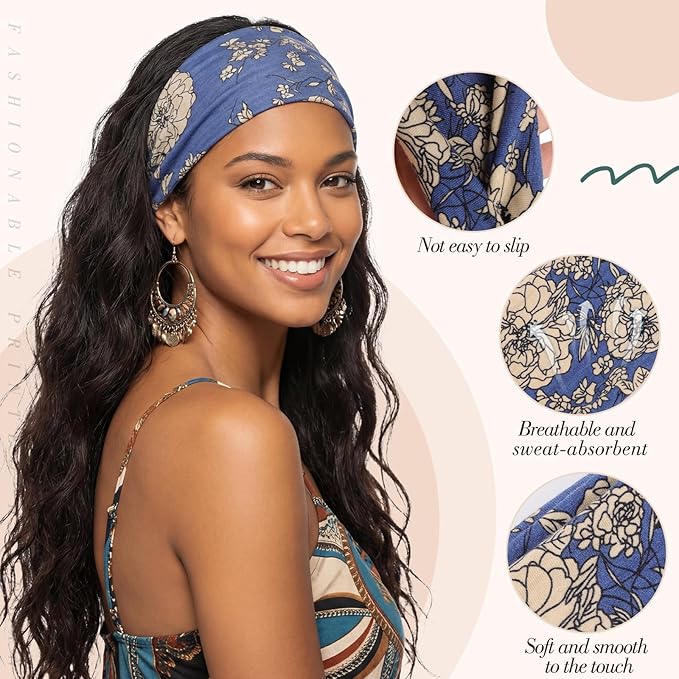 obeoby Boho Style Headbands for Women, 8 Pack Non Slip Headbands Fashion Hippie Clothes for Mom Grandmother Gift Wide Hairband Hair Wrap
