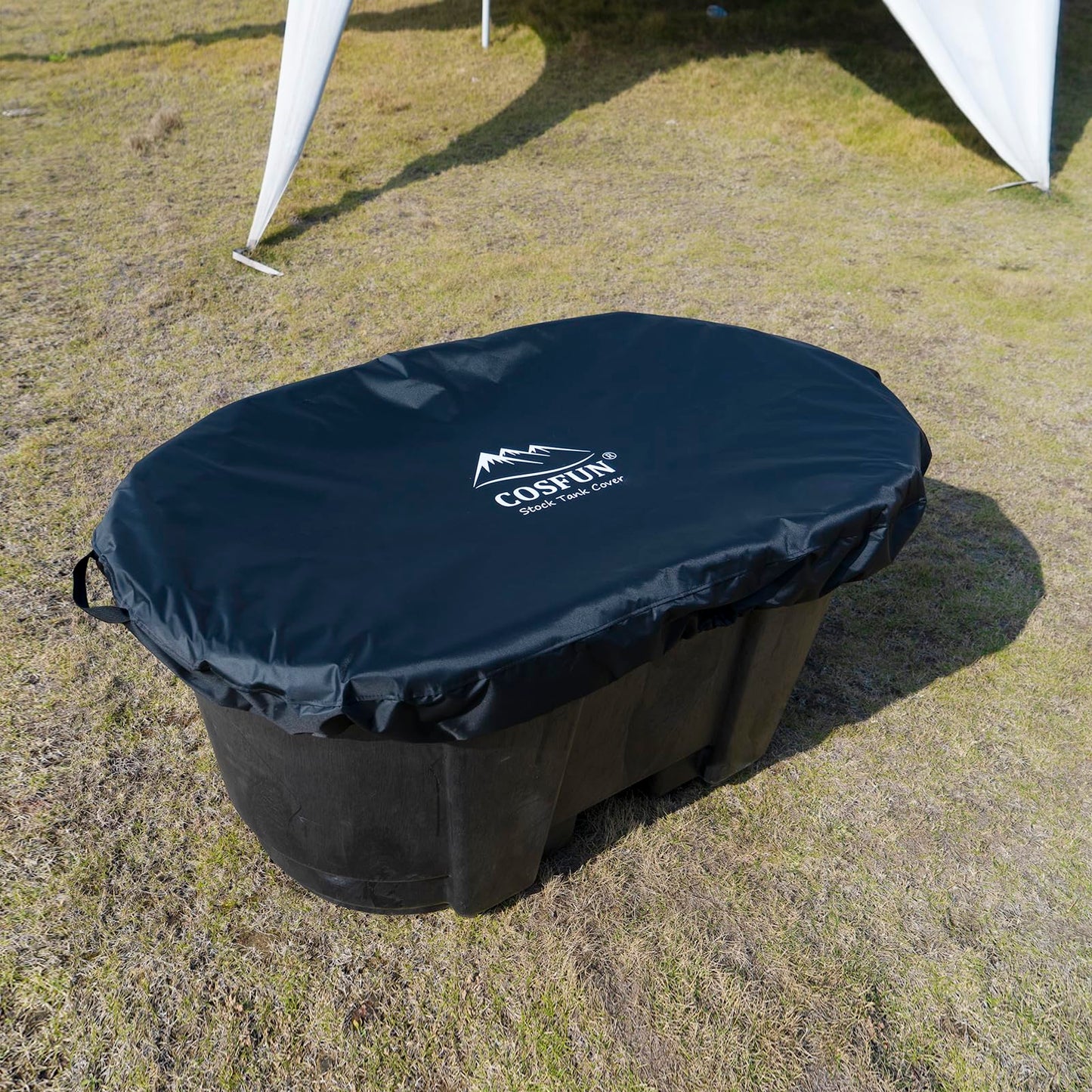 COSFUN 100 Gallon Oval Stock Tank Cover,Waterproof Dust Proof Anti-UV Ice Bath Cover,Keep Water Trough Clean(Elastic Bottom,Black)