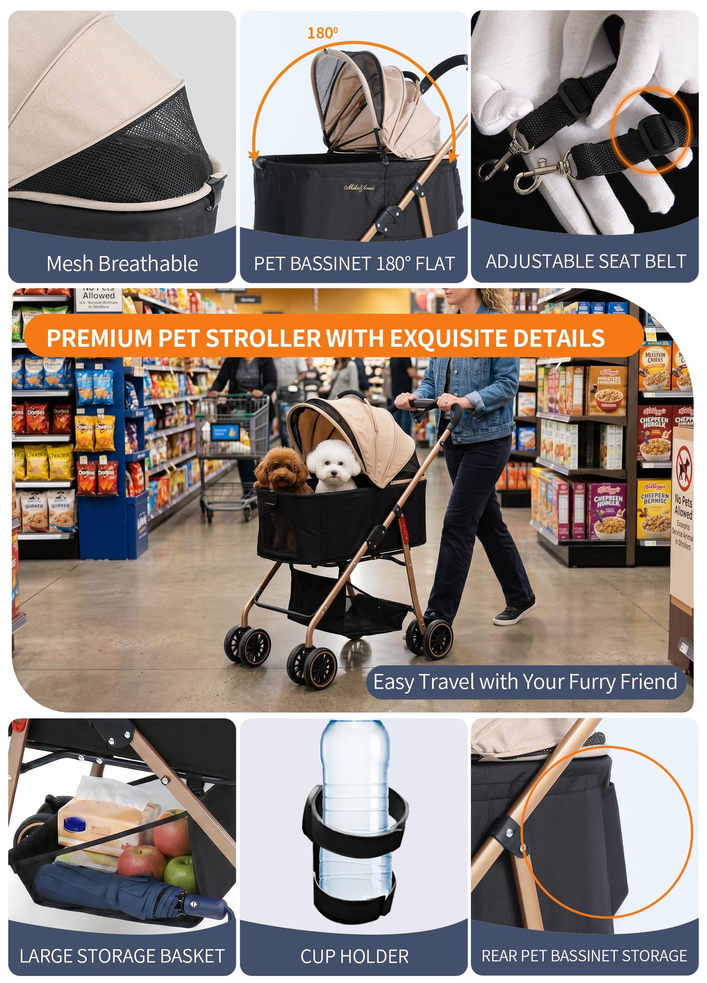 MILA&LOUIS Dog Stroller Pet Stroller for Medium Dogs Durable PU 4-Wheel Dog Strollers for Small Dogs Lightweight Foldable Dog and Cat Stroller Dog Stroller for Dog 55 Lbs with Cup Holder