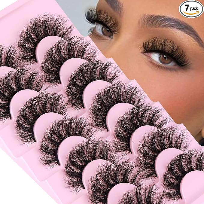 False Eyelashes Full Lashes Mink Wispy Thick Volume Eye Lashes Curly Strip Lashes Extensions Natural Dramatic 20MM Long 7 Pairs Fake Eyelashes Pack