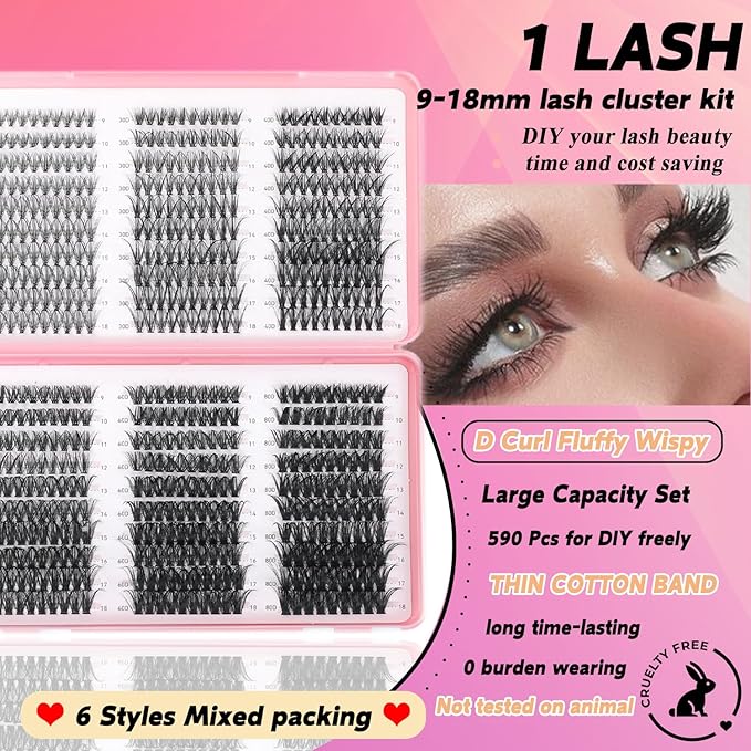 Lash Clusters Kit, 560 Pcs Eyelashes Clusters Kit 9-18mm Individual Lash Extension Kit D Curl Fluffy Wispy False Eyelashes (20D+30D+40D+50D+60D+80D, Lash Clusters)