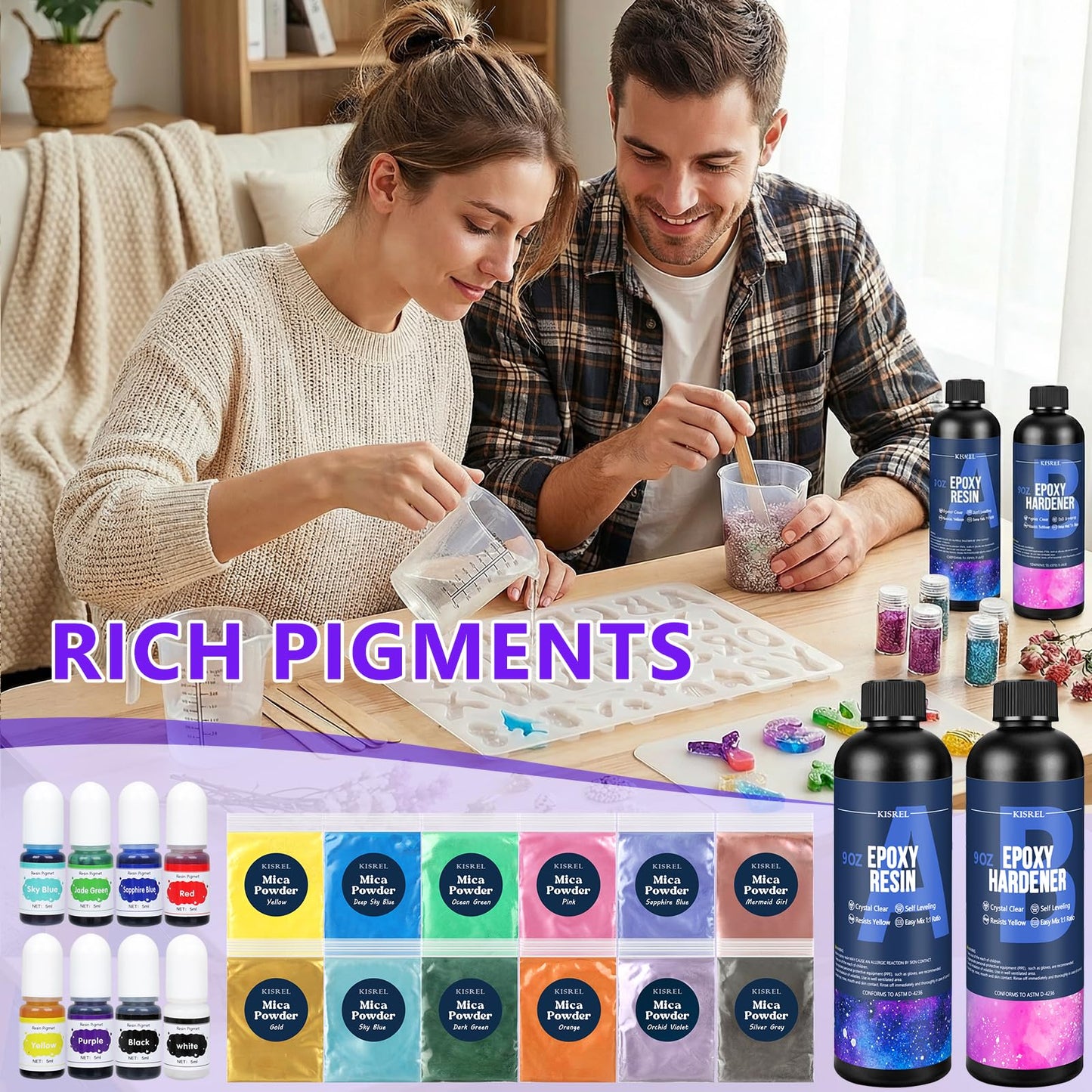 KISREL Epoxy Resin kit -18oz Clear Epoxy Resin with Silicone Alphabet Resin molds and Jewelry Making Kits, 2 Part Epoxy and Hardener for Casting Coating, Keychains, DIY Craft Decorations