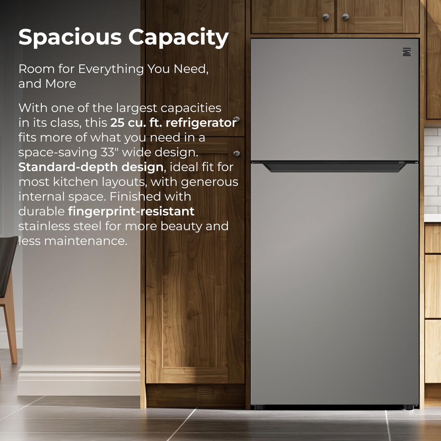 Kenmore 33" Top Mount Refrigerator with Freezer - Adjustable Shelving, Humidity-Controlled Crispers, LED Lighting, ENERGY STAR Certified, 25 cu. ft. Capacity - Fingerprint Resistant Stainless Steel