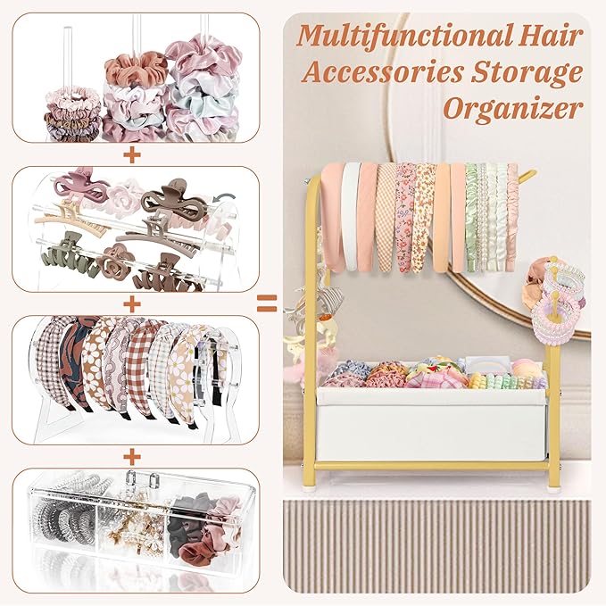 Keebofly Headband Holder Stand - Versatile Organizer for Scrunchies, Bows & Claw Clips - Compact Hair Accessories Storage for Girls, Women, Babies,Golden