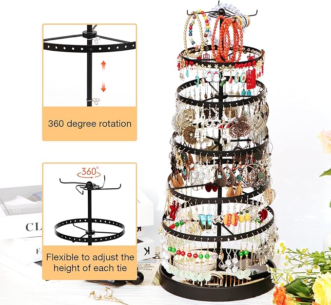 6 Tier Rotating Jewelry Organizer Stand, 230 Holes Earring Holder Organizer for Women Girls, Spinning Earring Tree with Ring Holder, Wide Base for Bracelets Watches Lipstick