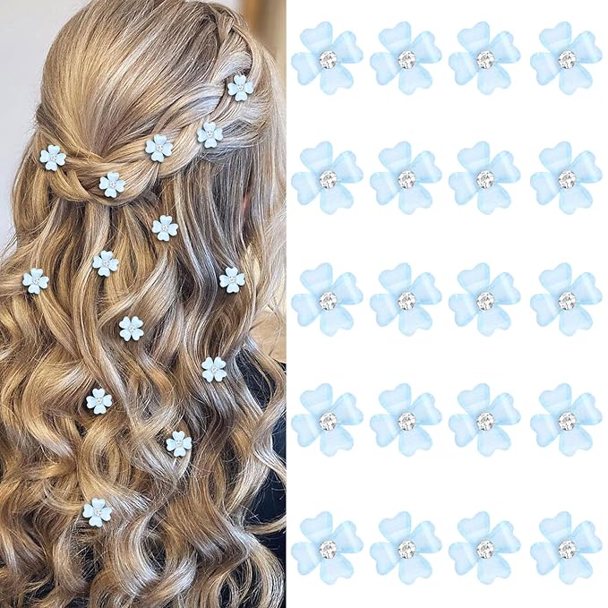 YISSION 20 Pcs Mini Blue Flower Hair Clips with Rhinestone Cute Hair Pins Decorative Hair Clips Wedding Hair Barrettes Bridal Hair Accessories for Girls Women