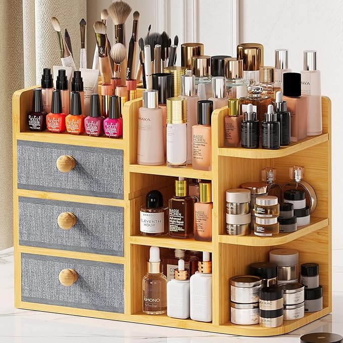 Large Makeup Organizer For Vanity, Large Capacity 3 Tiers Bamboo Bathroom Counter Organizers and Storage, Countertop Makeup Brush Holder, Nail Polish Perfume Stand with 3 Drawers and 10 Compartments