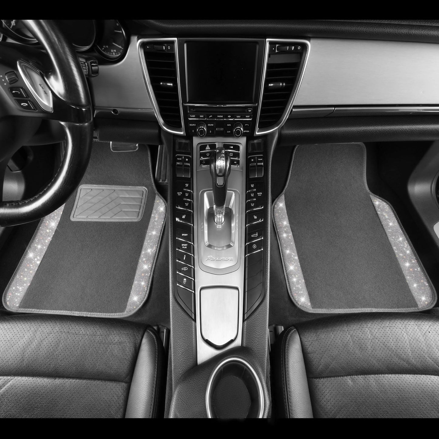 CAR PASS Bling Diamond Car Mats Shining Carpet Crystal Rhinestones Sparkly Glitter Floor Mats with Anti-Slip PVC Heel Pad Universal Fit for Automotive SUV, Sedan, Car, Van, 4pcs for Girl Women, Gray