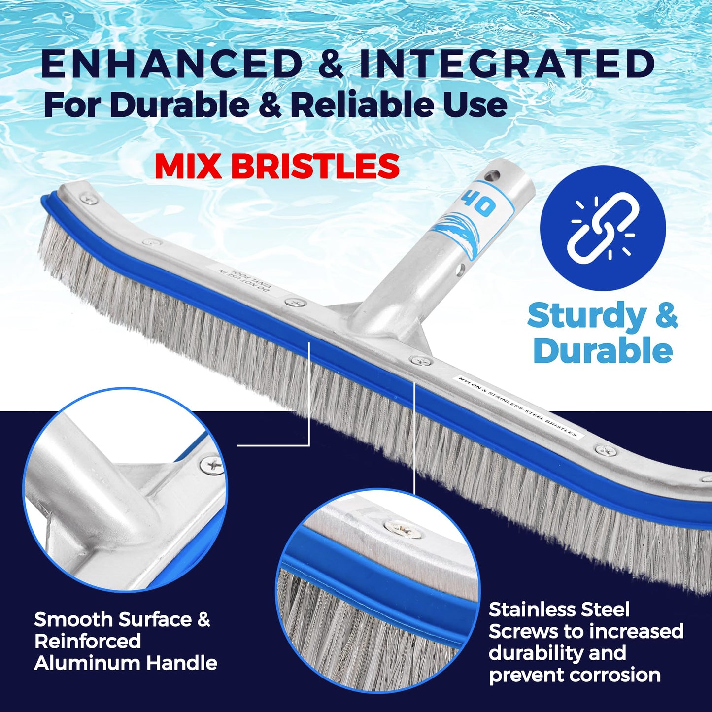 440 Combo Nylon and Stainless Steel Pool Brush - 18-Inch Heavy Duty Pool Brush Head for Cleaning Inground Pool Tiles, Walls, Floor and Steps - Scrub Brush Replacement Head, Strong Bristles - No Pole