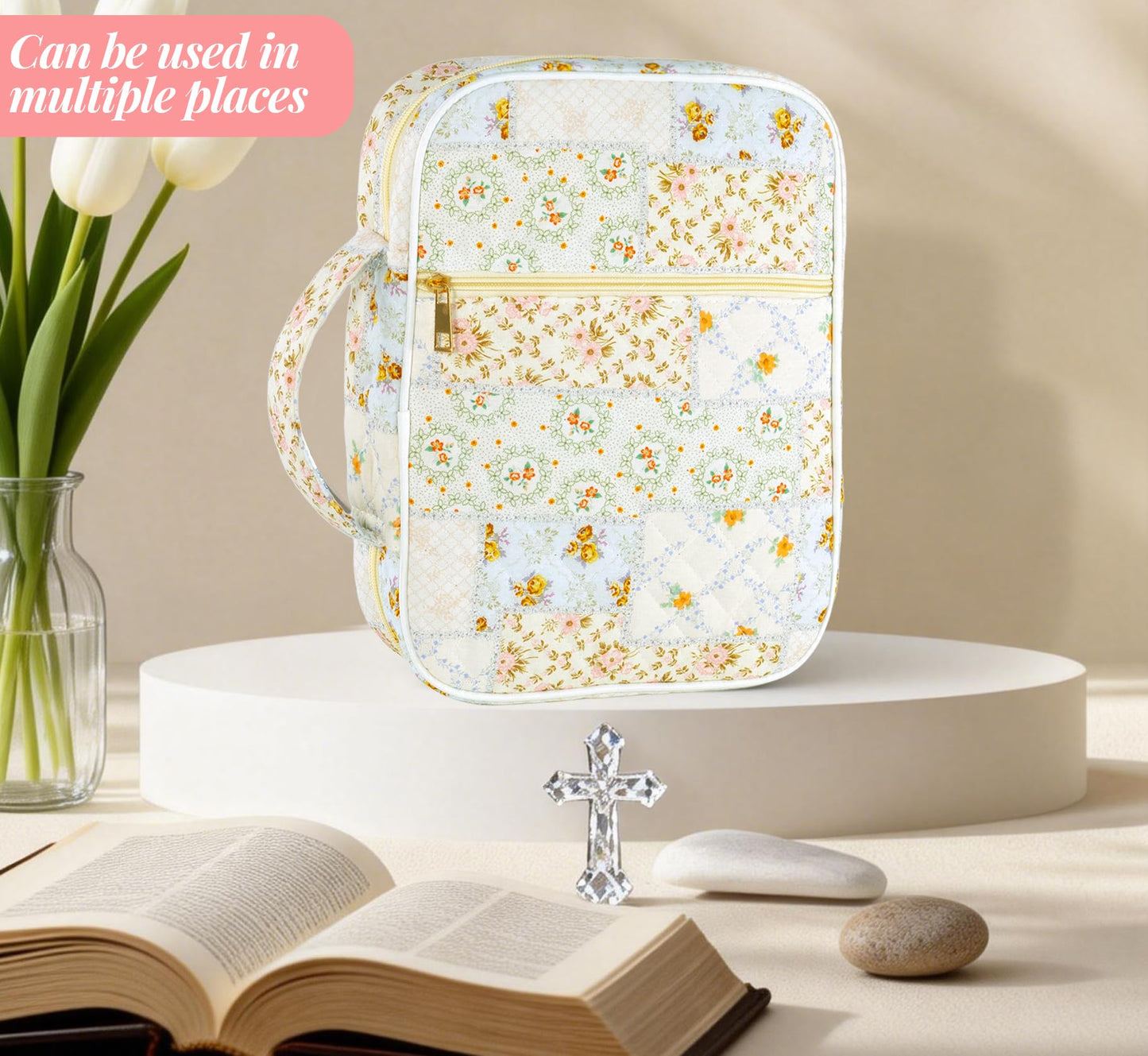 Bible Cover Case for Women, Large Bible Bag with Bible Study Supplies Accessories Christian Gifts for Women, Portable with Sturdy Handle and Highlighters, Spliced Flower