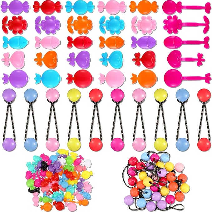 60 Pcs Self Hinge Plastic Hair Barrettes Set, Ball Bubble Hair Accessories with Elastic Ponytail Holders and Toddler Hair Ties (Novel Style)