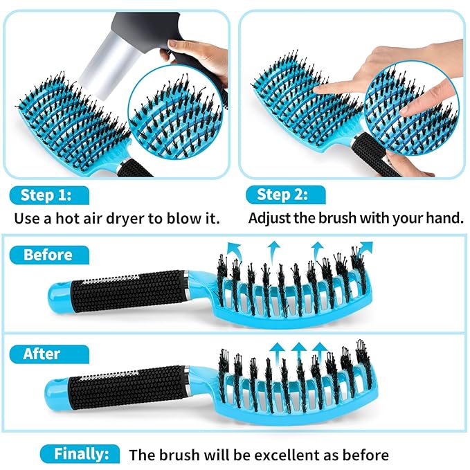 HIPPIH 2 Pack Boar Bristle Hair Brush, Wet & Dry No Pull Curved Vented Hair Brush, Styling Magical Brush Detangler for Kids & Men, Hairbrush for Women Can Adds Shine & Smooth Curly Thick Hair