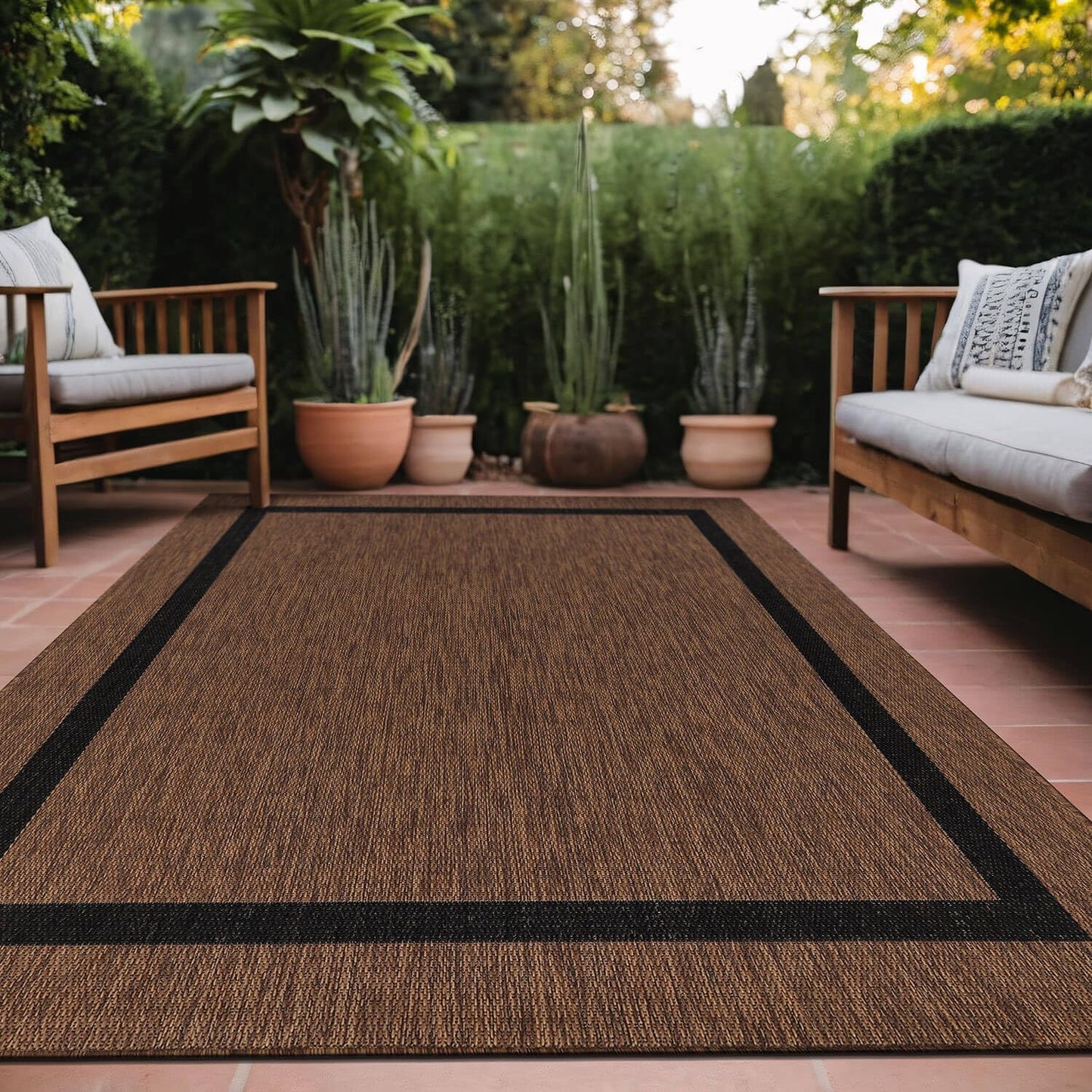 Luul Home Bordered Outdoor Rug 9x12 Washable Outside Carpet for Indoor Patio Porch Waterproof Easy Cleaning Non Shedding Area Rugs Nut Brown - Black 9 x 12
