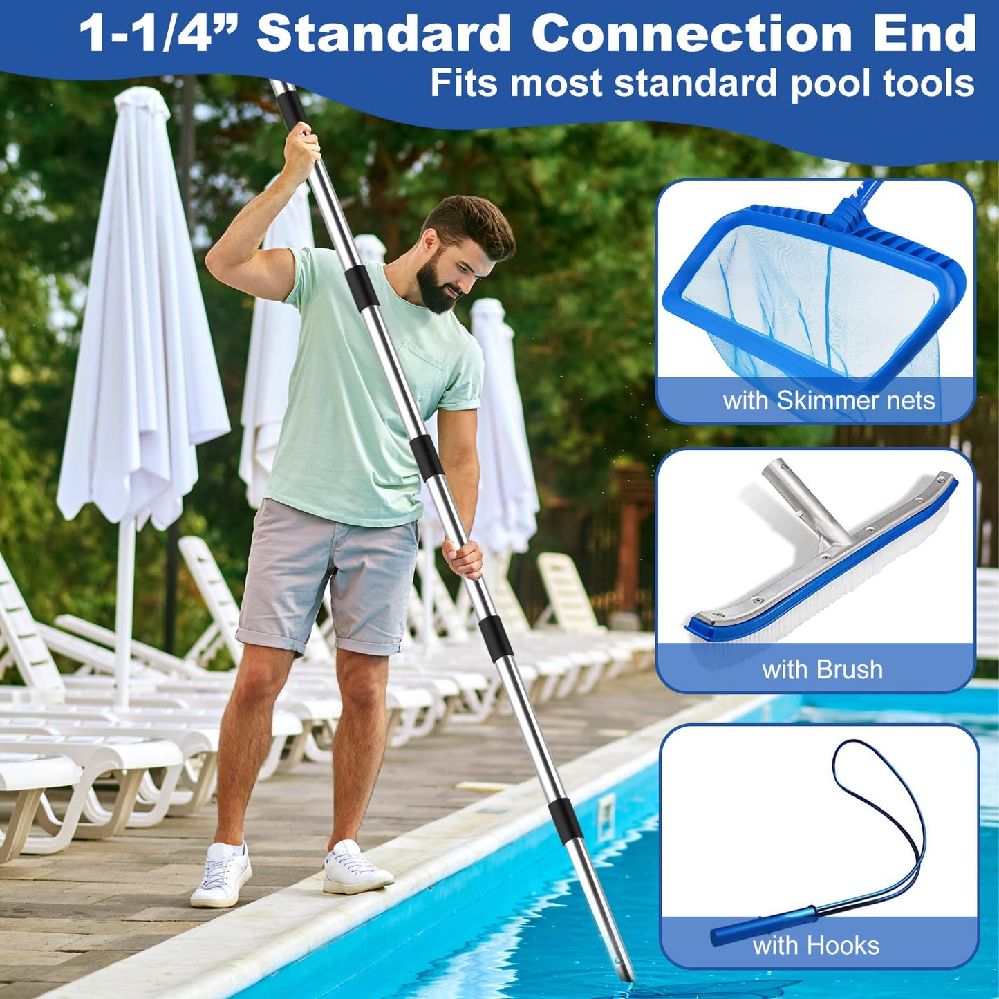 QNFANN Pool Pole Telescopic 12 Ft Heavy Duty, Professional Adjustable Stainless Steel Swimming Pool Pole for Skimmer Net, Brush, Vacuum Head, Strong Grip & Lock, Pool Cleaning Pole, Pool Brush Pole
