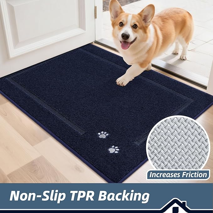 BEQHAUSE Dog Door Mat for Mud Paws Dirt Trapper Doormat Non-Slip Entryway Rugs Absorbent Welcome Mat Washable Indoor Floor Mat Low-Profile for Front Door, 20" x 32", Navy Blue