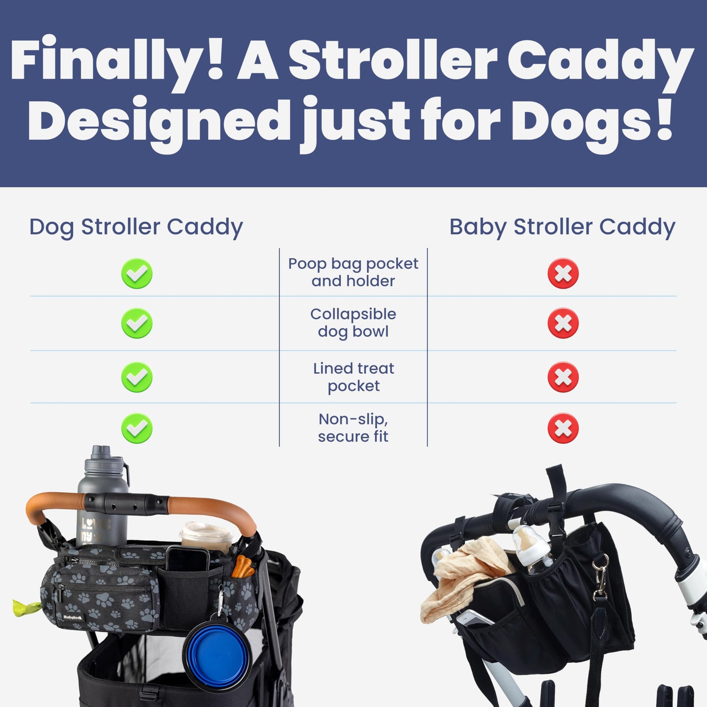 Dog Stroller Caddy Organizer with Poop Bag Dispenser, Treat Pocket, Water Bowl – Dog Stroller Accessories with Insulated Cup Holders, Pet Storage & Non-Slip Fit for 14"-19" Wide Handlebars - Paws