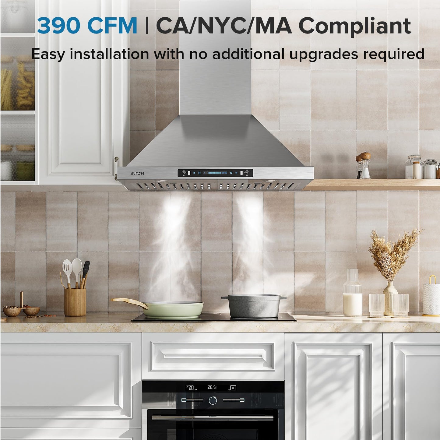 IKTCH 30 inch Wall Mount Range Hood, 390 CFM Low Noise Kitchen Vent Hood, Ducted/Ductless Convertible, Kitchen Chimney Vent Stainless Steel with Gesture Sensing & Touch Control Switch Panel