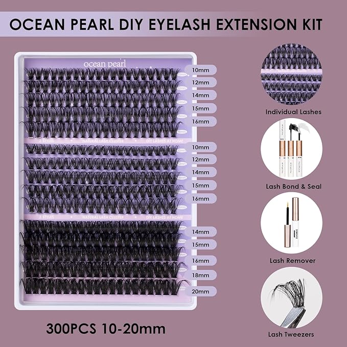 Ocean Pearl DIY Lash Extension Kit 300PCS Lash Cluters 10-20mm 40D 50D 100D Thick Eyelash Extension Kit Long Eyelashes Natural Individual Lashes with bond&seal&remover&tweezers-300