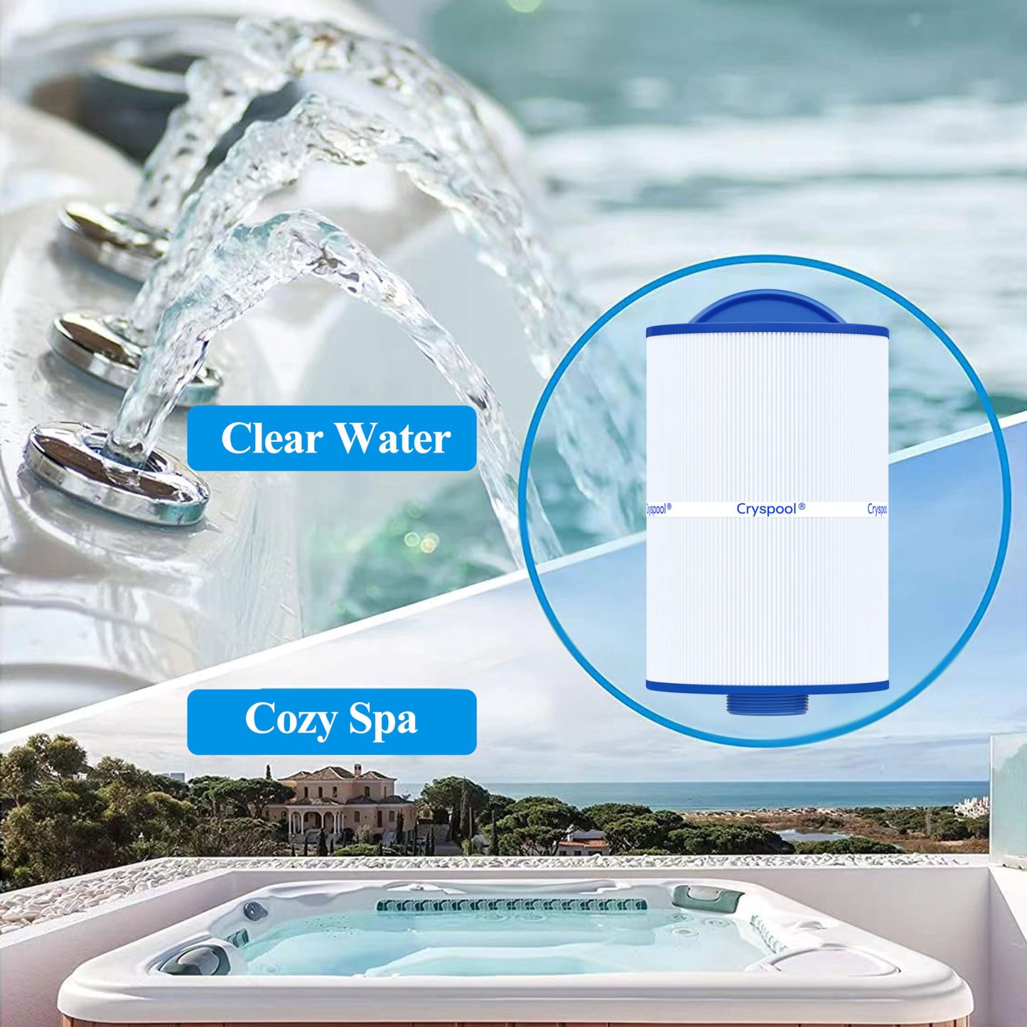 Cryspool® 05015 Spa Filter Compatible with 5CH-35, PMAX50P4, PAS35P, Maax 104309, FC-0300, 35 Sq. Ft hot tub Filter Cartridge, 1 1/2" MPT, 2 Pack