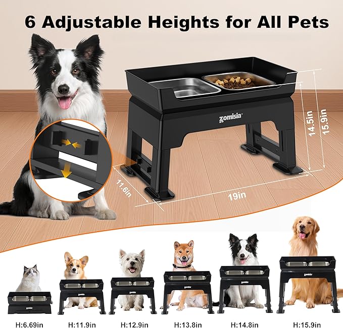 3-in-1 Elevated Dog Bowls Dual Layer - Mess Proof 6 Heights Adjustable Raised Dog Bowl Stand 6" to 16", Feeding Satioin with 1.6L Stainless Steel Bowls, Slow Feeder Plate, Medium to Large Pets