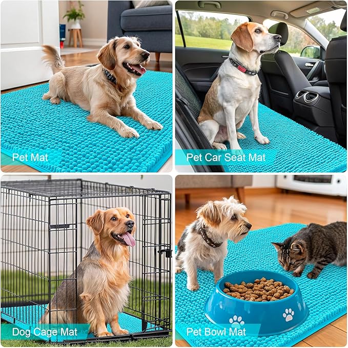OLANLY Dog Door Mat for Muddy Paws 47x17, Absorbs Moisture and Dirt, Absorbent Non-Slip Washable Doormat, Quick Dry Chenille Mud Mat for Dogs, Entry Indoor Entryway Carpet for Inside Floor, Aqua Blue