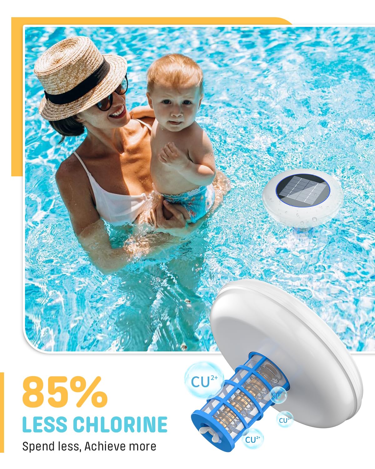 Solar Pool Cleaner, Floating Water Cleaner and Purifier, Copper for Pool 35,000 Gallons, Large Solar Panel & 2 Sets of Fittings, Floating Water Cleaner for Above Ground Pool & Inground Pool