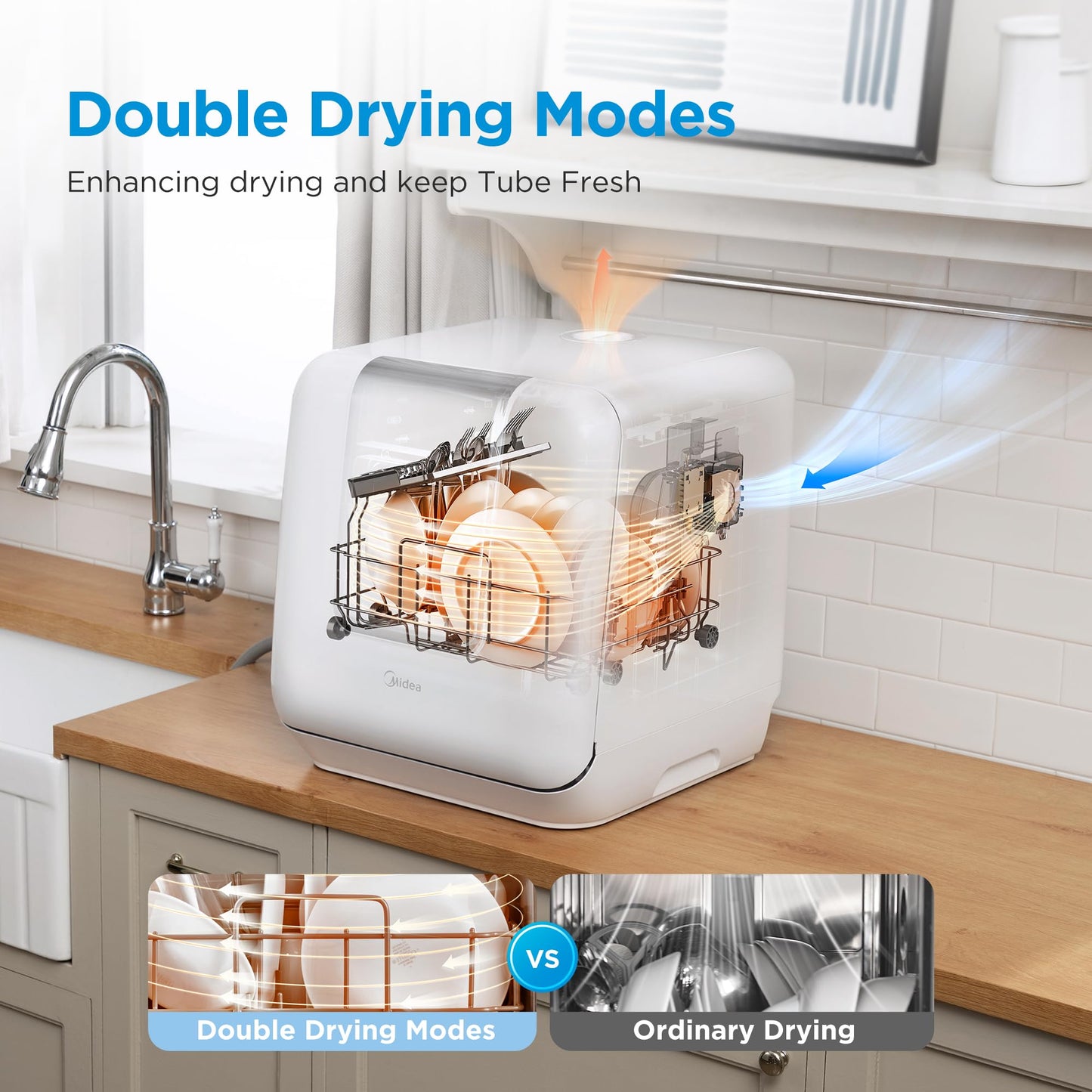 Midea MDC17P2DWW Countertop Dishwasher Portable with 6L(1.59G) Built-in Water Tank, 5+2 Programs, Auto Door Open, Dual Drying System, Energy-Saving and Odor Removal, for Apartments, Dorms& RVs, White