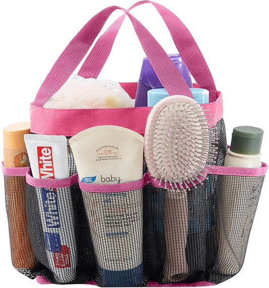 Lifewit Mesh Shower Caddy Portable for College Dorm Room Essentials with 7 Pockets, Freestanding Hanging Organizer Basket, Quick Dry Tote Bag for Camping, Bathroom, Beach, Travel, 1 Pack, Pink