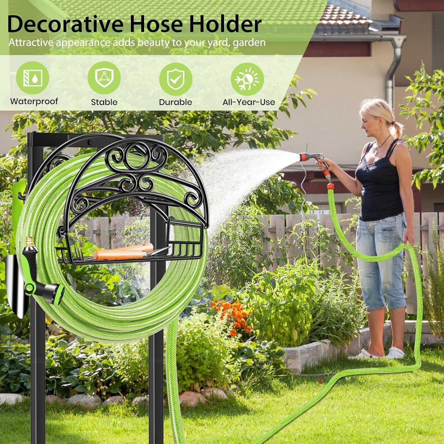 TomCare Garden Hose Holder Upgraded Water Hose Holder Heavy Duty 4 Spikes Hose Hanger Holds 160 Feet Hoses Stable Freestanding Hose Storage Organizer for Outside Yard