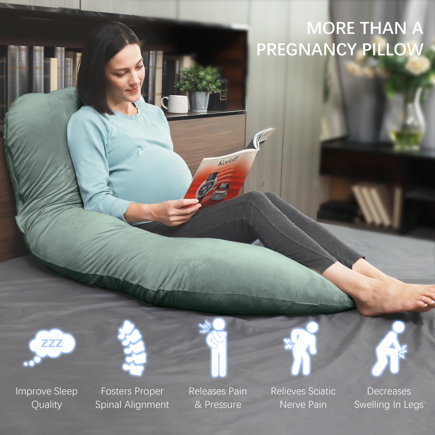 MOON PARK Pregnancy Pillows for Sleeping - U Shaped Full Body Maternity Pillow with Removable Cover - Support for Back, Legs, Belly, Hips - 57 Inch Pregnancy Pillow for Women - Green