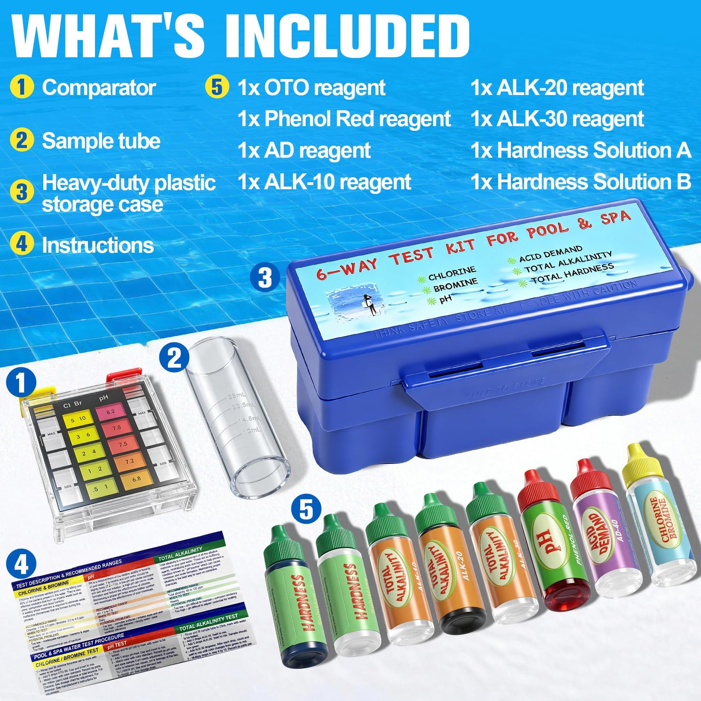 PRAXXIS 6-Way Pool Water Testing Kit, Pool Test Kit for Inground Above Ground Pool, Pool Water Chemical Test Kit for Chlorine,Bromine,pH, Acid Demand, Alkalinity, Hardness For Quick & Accurate Testing