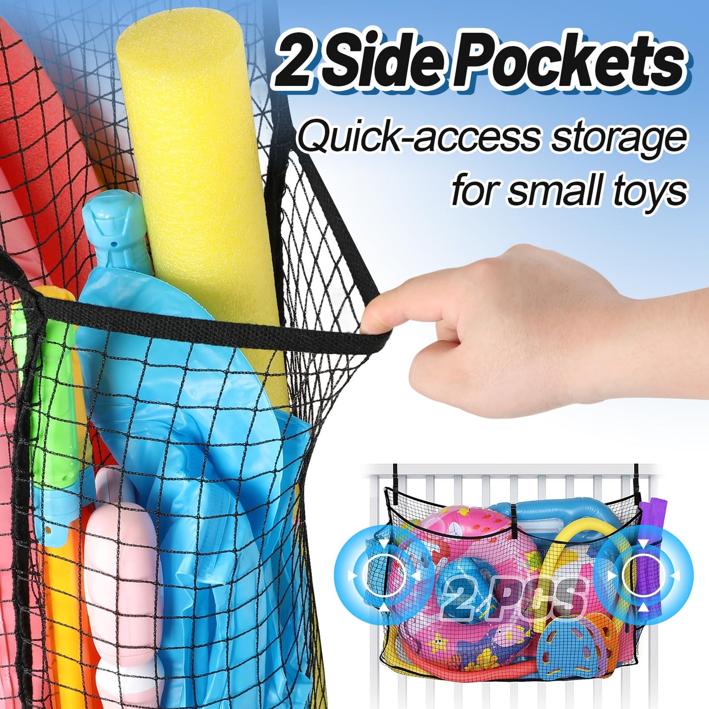 Large Pool Float Toy Storage Net - 59 x11.8x33.5in Durable Mesh Net Organizer for Fence with Straps, Poolside Fence Toys Holder for Inflatable Rafts Pool Noodles Balls Swimming Ring