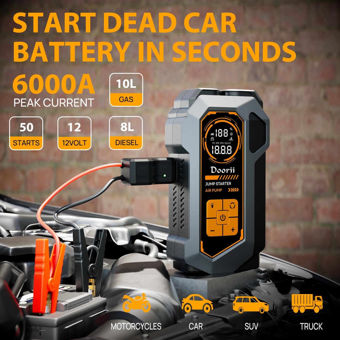 Doorii Jump Starter with Air Compressor, Car Jumper Starter Portable 6000A, 150PSI Tire Inflator/Air Pump, LED Flashlight for Up to 10.0L Gas / 8.0L Diesel Engines