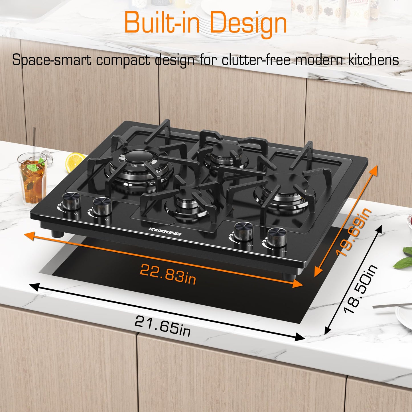 Black 24 Inch Gas Cooktop - Built-in Dual Fuel Natural Gas & Propane Stove - 4 Burner Convertible Cooktop with Thermocouple Protection