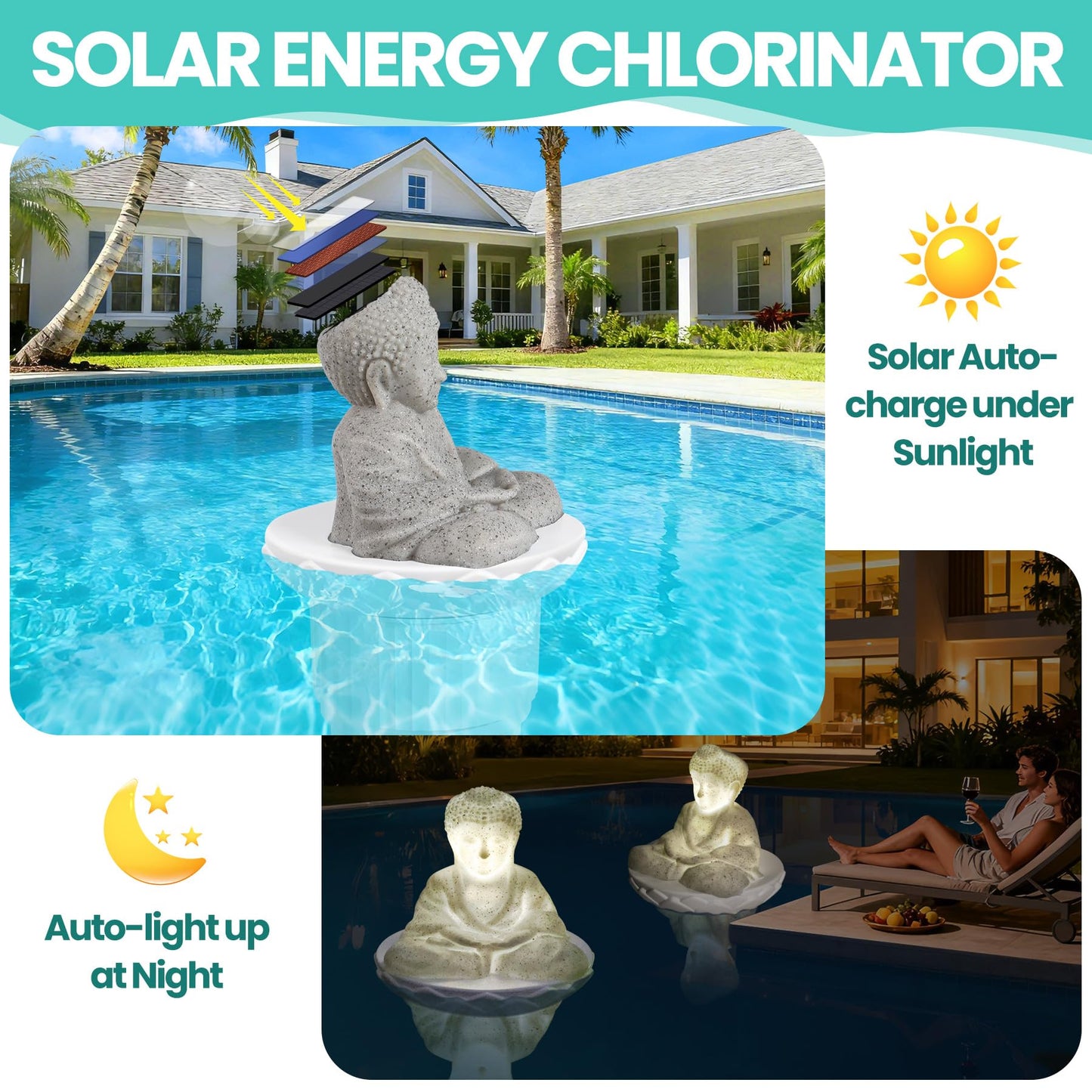 PRAXXIS Solar Chlorine Floater,Buddha Statue Pool Chlorine Floater with Solar Light, Adjustable Floating Chlorine Dispenser for Pool, Collapsible Chlorine Floater, Chlorine Floater for Hot Tub(White)