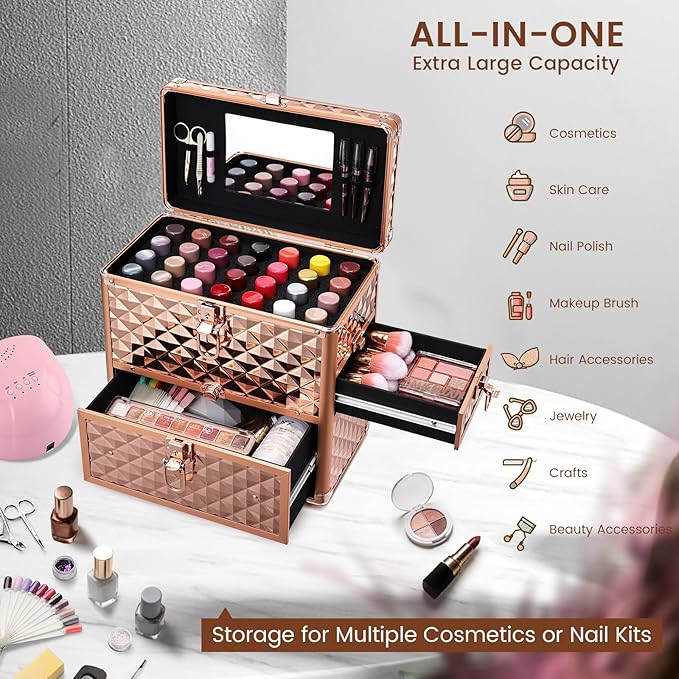 Makeup Train Case Professional Makeup Organizer Case with Drawer Mirror Extra Large Makeup Manicure Accessory with Dividers Travel Cosmetic Case for Cosmetologist Nail Tech Kits Makeup Case Rose Gold