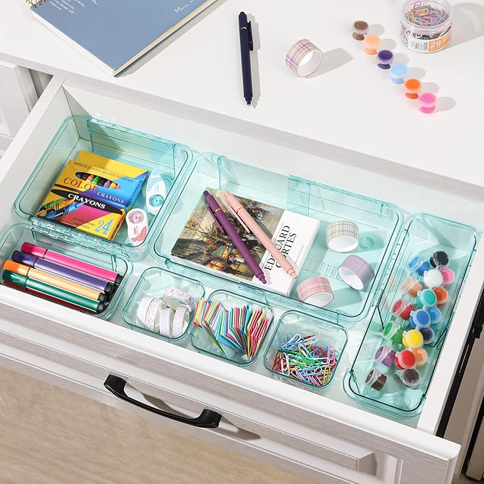 14 Pcs Clear Drawer Organizer, Adjustable Drawer Storage Box, 3-Size Desk Drawer Organizer, Acrylic Storage Bins for Makeup, Kitchen Utensils, Bedroom Dressers Tool Organizer for Gadgets, Blue