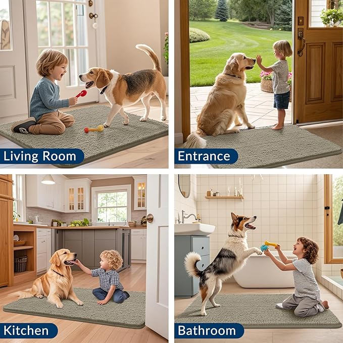 Smiry Dog Door Mat for Muddy Paws 30x20, Absorbs Moisture and Dirt Doormat, Non-Slip Washable Quick Dry Chenille Front Door Mat Indoor Entrance, Entryway Carpet for Inside Floor, Warm Taupe