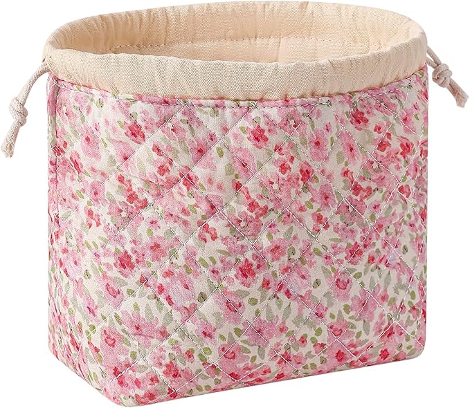 Cotton Quilted Drawstring Makeup Bag with Canvas Lining,Coquette Aesthetic Cute Travel Toiletry Bag,Drawstring Gift Bag for Women and Girls（18 Watercolor Pink Flower）