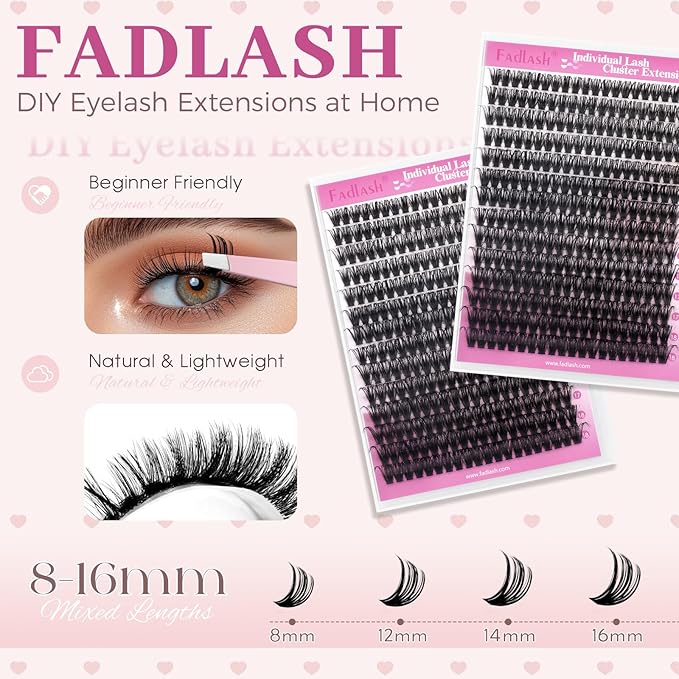 FADLASH Lash Clusters Natural Eyelash Clusters 60D Individual Cluster Eyelash Extensions 8-16mm D Curl Fluffy Eyelash Extensions (60D, 8-16mm)