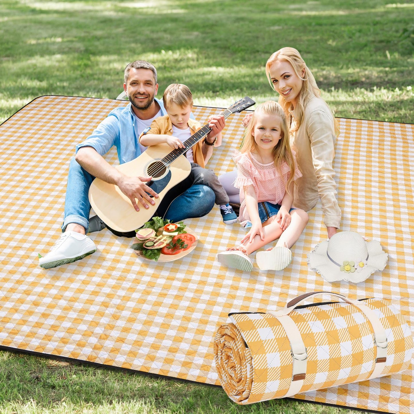 G GOOD GAIN Picnic Blankets Outdoor Extra Large - 80"x80" Portable Waterproof Picnic Blanket, Machine Washable 3-Layer Foldable Park Mat with Sandproof Backing for Grass, Hiking, Travel (Yellow)