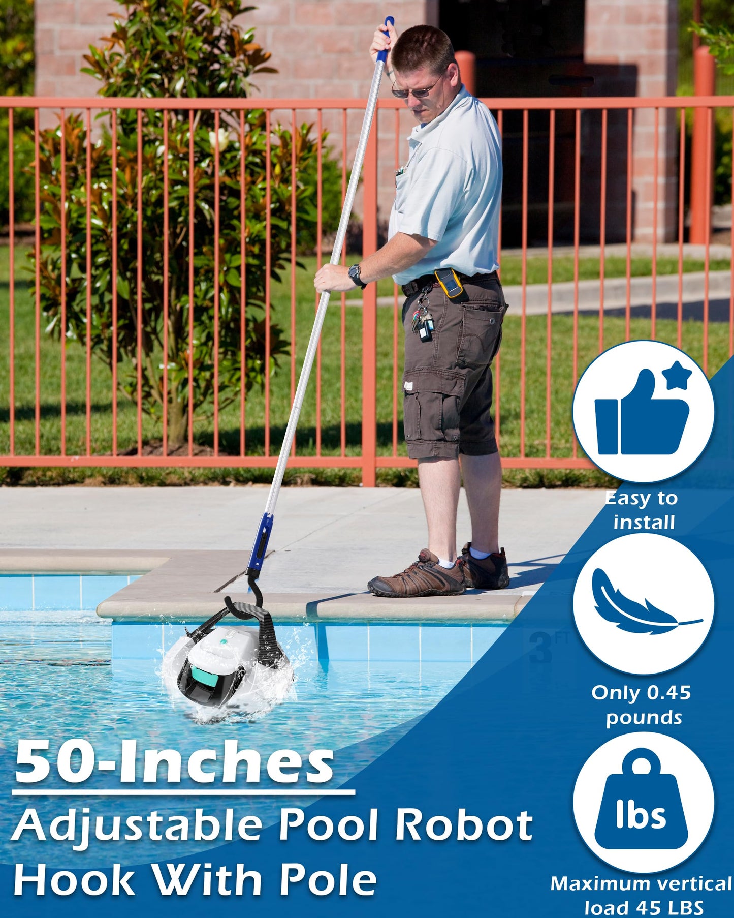 Pool Robot Retrieval Hook - 63.8 Inch Adjustable Stainless Aluminum Pole, Heavy-Duty Detachable Hook for Pool Robot Vacuum Robotic Pool Cleaner Including Cordless/Above Ground/Underwater Cleaners