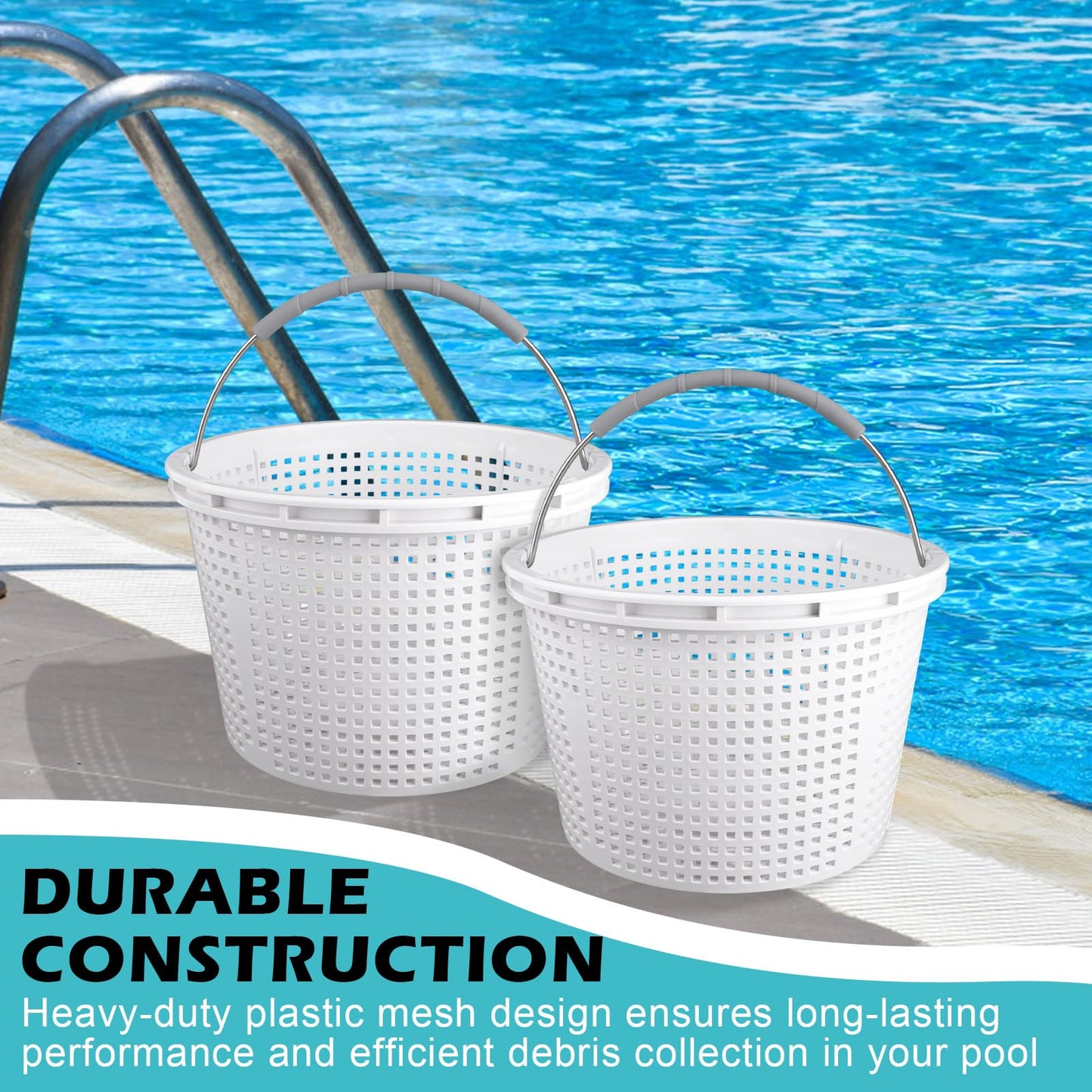 ZTTM 8" Pool Skimmer Basket for Inground Pool Compatible with Pentair U-3 Skimmer Basket 08650-0007 and Hayward SP1070 Pool Basket Stainless Steel Handle Rubber Grip & Built in Weighting White 2 Pack