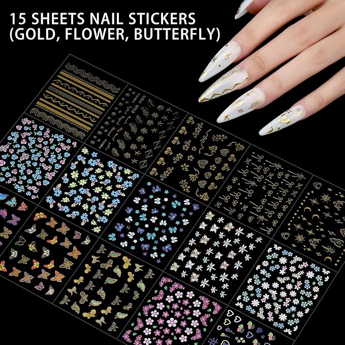 Teenitor 4 Boxes Nail Charms and Gems Set, Nail Rhinestones Nail Kit with Nail Art Brushes Nail Stand, Nail Gems Nail Design Tools with 15pcs Nail Stickers, Gold Nail Pearls for Women Nail Decorations