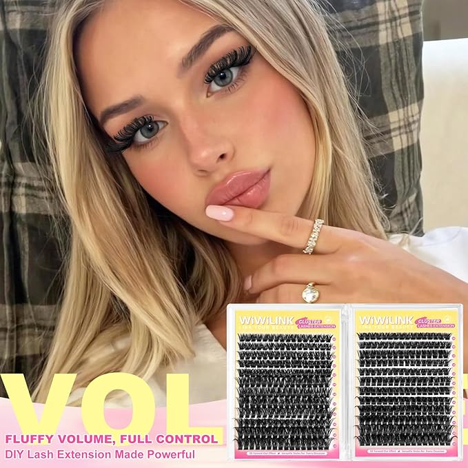 Fluffy Lash Clusters Kit 384Pcs, Wispy Volume (100D/200D) D-Curl Cluster Eyelash Extensions 10-18mm + Bond & Seal Glue + Tweezers - Reusable 15+ Times, Natural to Dramatic Volume