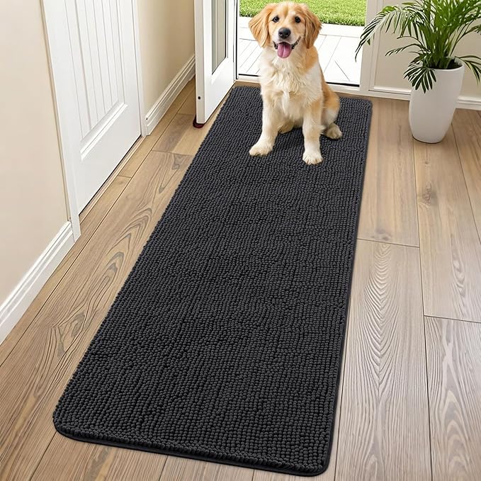 Smiry Dog Door Mat for Muddy Paws 70x24, Absorbs Moisture and Dirt Doormat, Non-Slip Washable Quick Dry Chenille Front Door Mat Indoor Entrance, Entryway Carpet for Inside Floor, Black